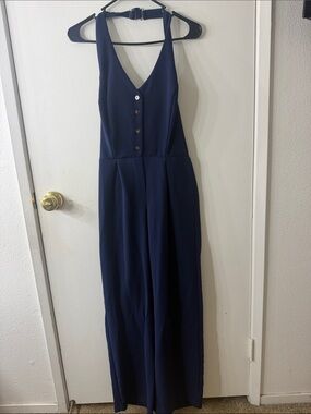 Women’s Navy Button-Front Wide-Leg Jumpsuit